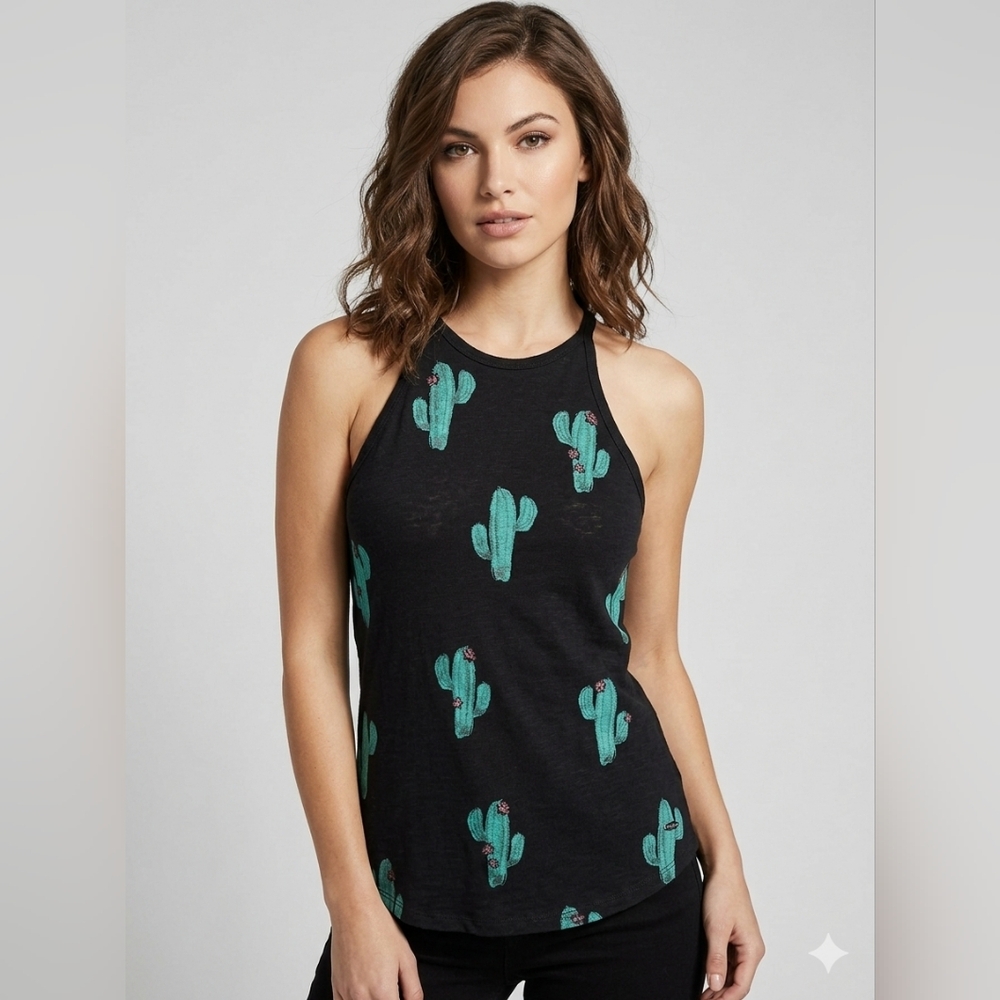 ​GUESS Cactus Print Racerback High Neck Tank Top Small Festival Western Boho